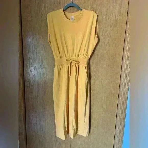Calia Dress Womens S Extended Shoulder Midi Tank Cinched Waist Pockets Yellow - Picture 4 of 8